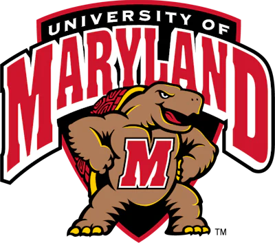 University of Maryland Testudo mascot logo featuring a brown terrapin with red shell and gold accents holding an M shield