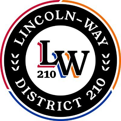 Lincoln-Way District 210 logo featuring red, orange, and blue circular emblem with LW monogram