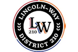 Lincoln-Way District 210 logo featuring red, orange, and blue circular emblem with LW monogram