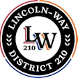 Lincoln-Way District 210 logo featuring red, orange, and blue circular emblem with LW monogram