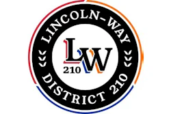 Lincoln-Way District 210 logo featuring red, orange, and blue circular emblem with LW monogram