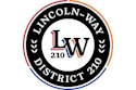 Lincoln-Way District 210 logo featuring red, orange, and blue circular emblem with LW monogram