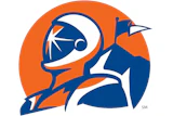 Astro logo featuring abstract astronaut figure in navy blue and orange on circular background