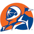 Astro logo featuring abstract astronaut figure in navy blue and orange on circular background
