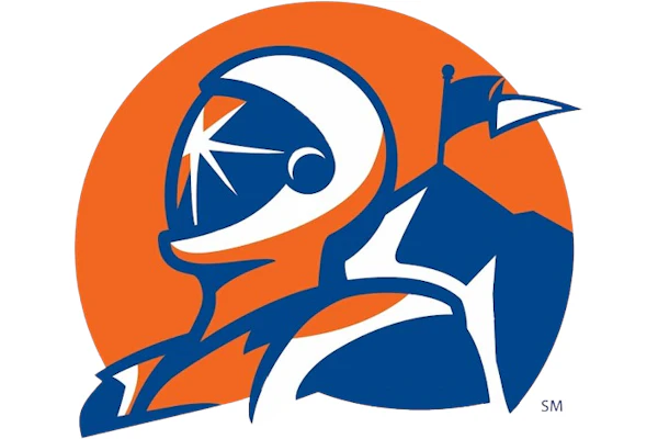 Astro logo featuring abstract astronaut figure in navy blue and orange on circular background