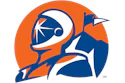 Astro logo featuring abstract astronaut figure in navy blue and orange on circular background