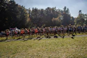 Large group of runners gathered on a grassy field during an outdoor race event with forest trees in background