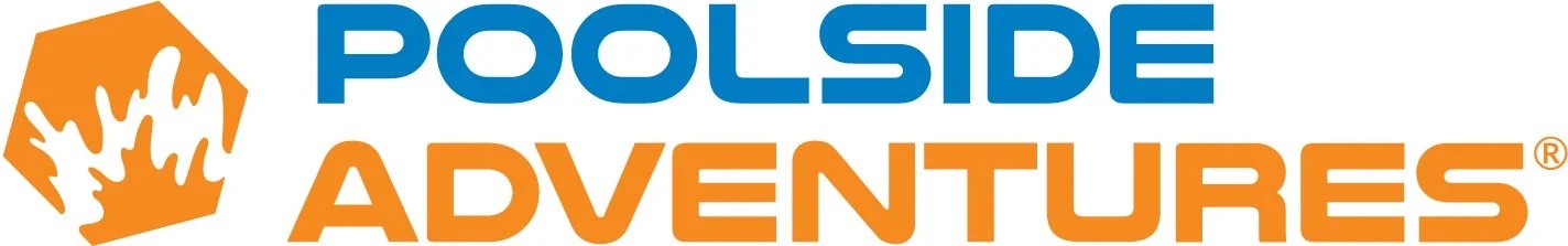 Poolside Adventures logo with orange crown icon and blue and orange text