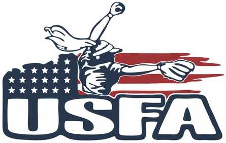 USFA logo featuring a fencer with sword and American flag shield design in navy, red, and white