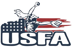 USFA logo featuring a fencer with sword and American flag shield design in navy, red, and white