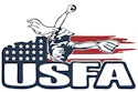 USFA logo featuring a fencer with sword and American flag shield design in navy, red, and white