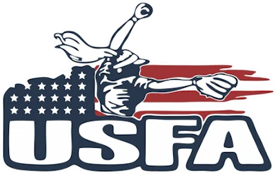 USFA logo featuring a fencer with sword and American flag shield design in navy, red, and white