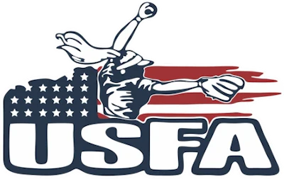 USFA logo featuring a fencer with sword and American flag shield design in navy, red, and white