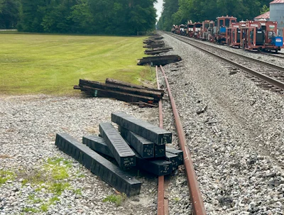 Vintage train cars lined up on railroad tracks beside a green field with forest backdrop