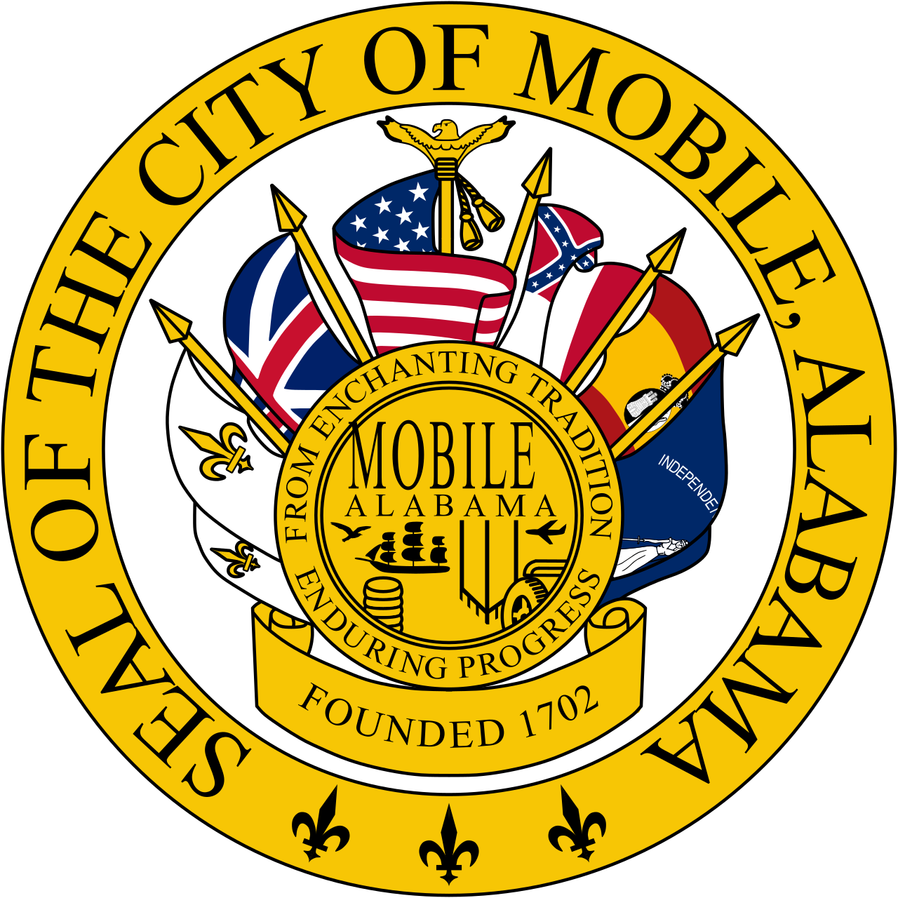 City of Mobile, Alabama official seal featuring flags, ship, and fleur-de-lis symbols, founded 1702