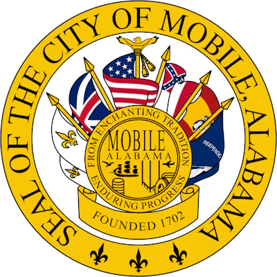 City of Mobile, Alabama official seal featuring flags, ship, and fleur-de-lis symbols, founded 1702