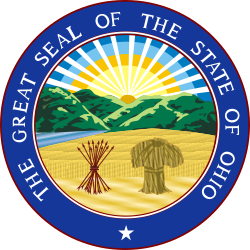 Great Seal of the State of Ohio featuring a circular blue border with gold text, central landscape with rising sun, mountains, and wheat sheaf