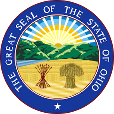 Great Seal of the State of Ohio featuring a circular blue border with gold text, central landscape with rising sun, mountains, and wheat sheaf