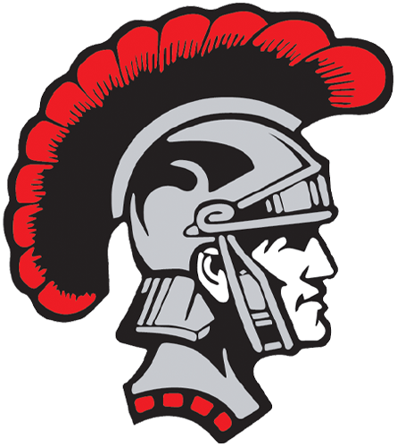 Red and black Trojan warrior head logo with distinctive plume helmet