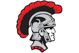 Red and black Trojan warrior head logo with distinctive plume helmet