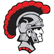 Red and black Trojan warrior head logo with distinctive plume helmet