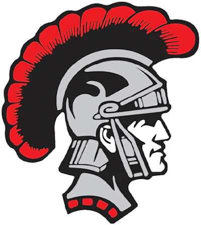 Red and black Trojan warrior head logo with distinctive plume helmet