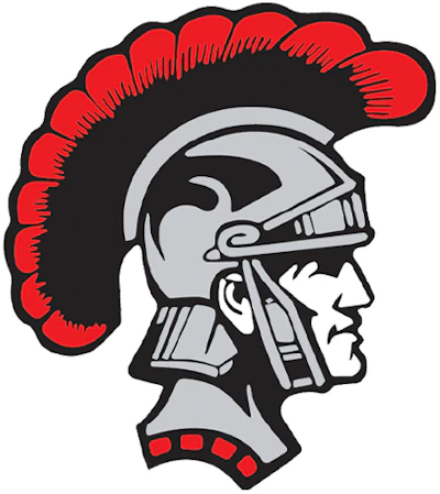 Red and black Trojan warrior head logo with distinctive plume helmet