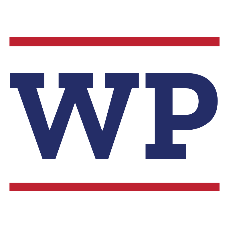 WP logo with navy blue letters and red horizontal accent bars